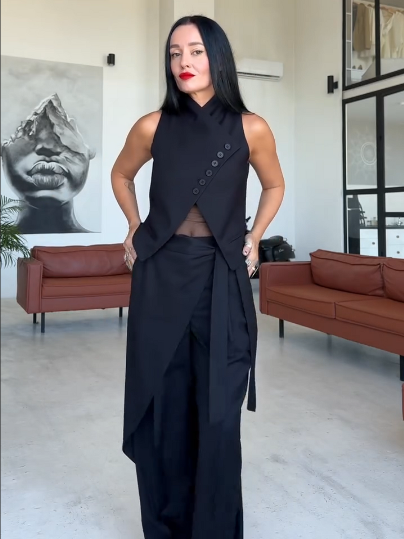 Asymmetric Button Vest Wrap Wide Leg Pants Set