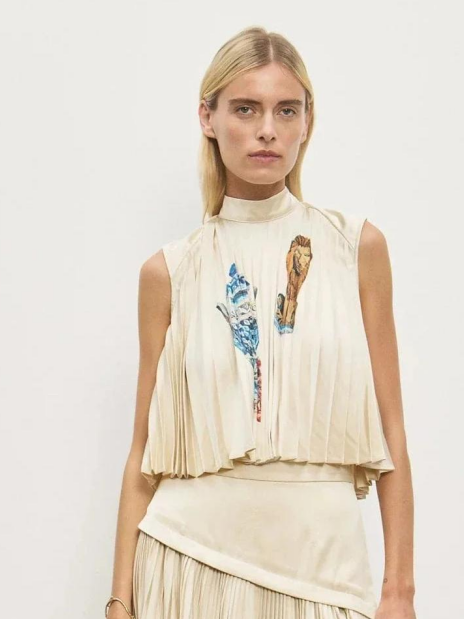 Artistic Prints Pleated Sleeveless Midi Skirt Set