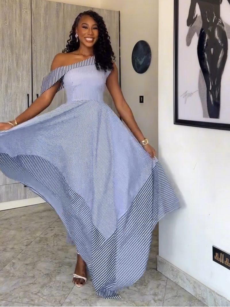 Striped One Shoulder Asymmetric Maxi Dress