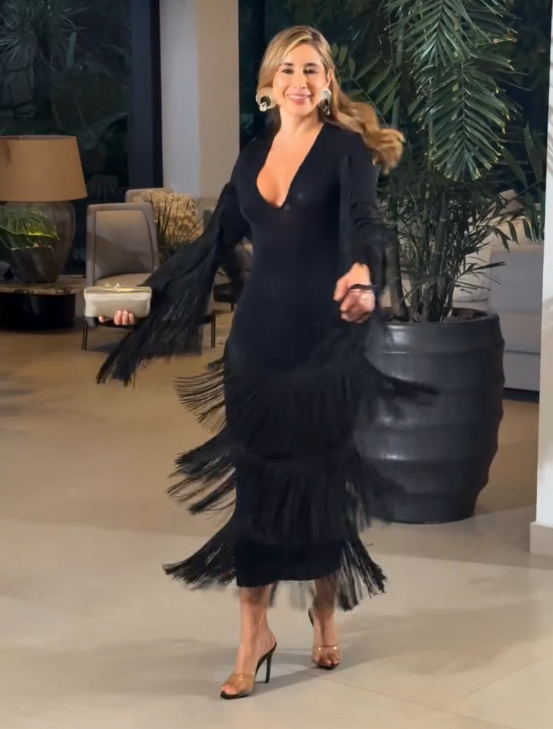 Deep V - Neck Fringe Midi Dress