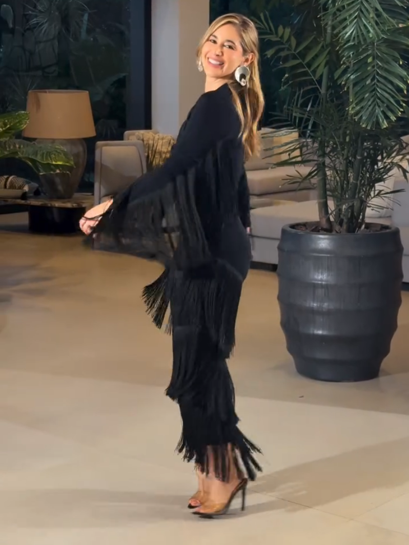 Deep V - Neck Fringe Midi Dress