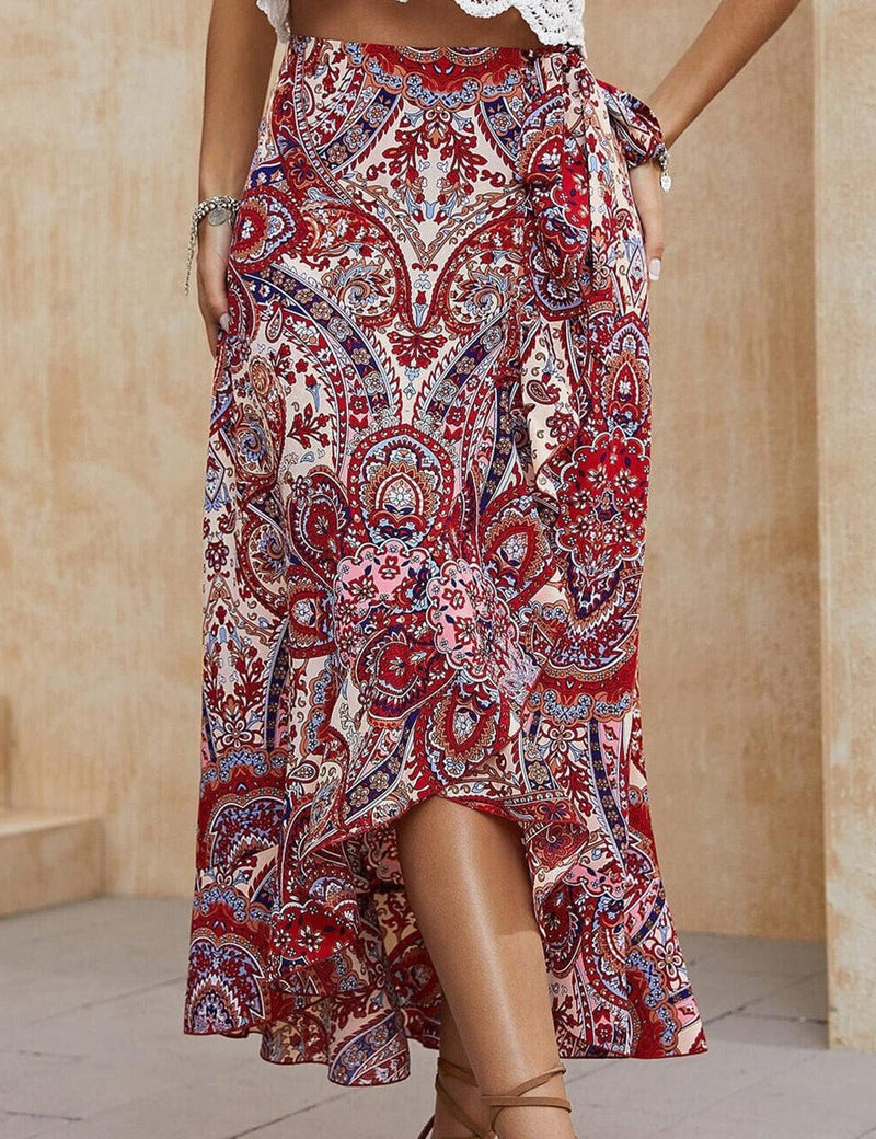 Boho Paisley Yüksek Düşük Midi Etek