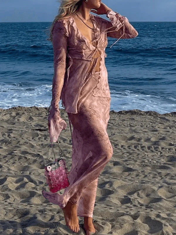 Kobra Bluz Ahşap Kulak Desenli Uzun Etek Takım İki Parça