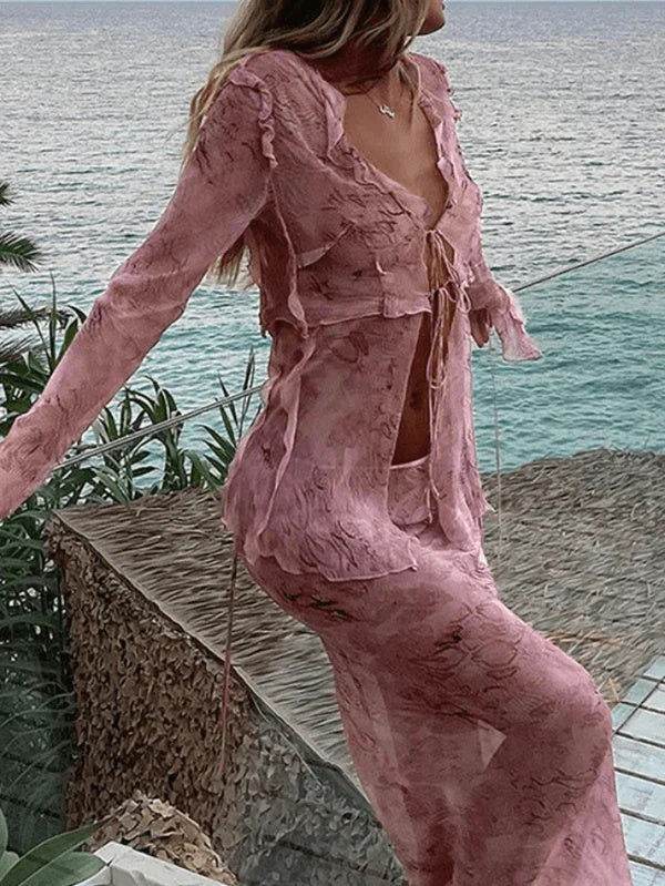 Kobra Bluz Ahşap Kulak Desenli Uzun Etek Takım İki Parça